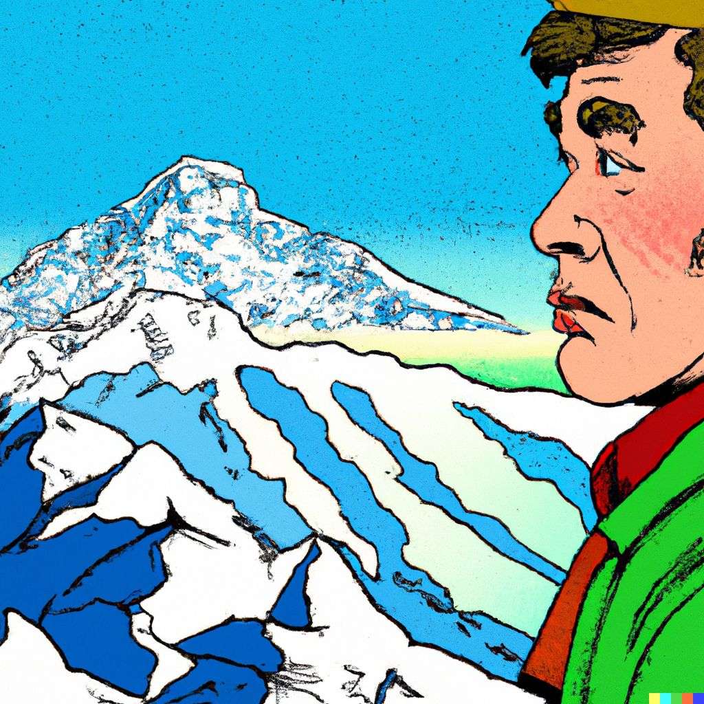 someone gazing at Mount Everest, retro comic art, triadic color scheme